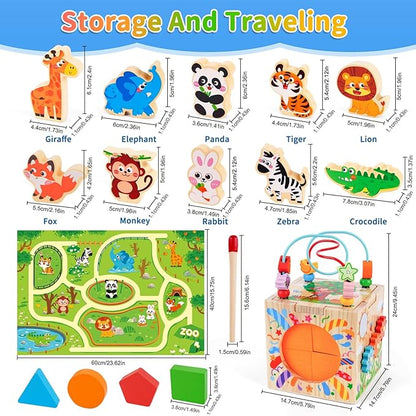 Wooden Activity Cube | Montessori Toys for 1-2 Year Old Toddlers | One Year Old 1st First Birthday Gift | Developmental Toys for 12 Months Baby Boys Girls | Bonus Sorting & Stacking Board (Blue)