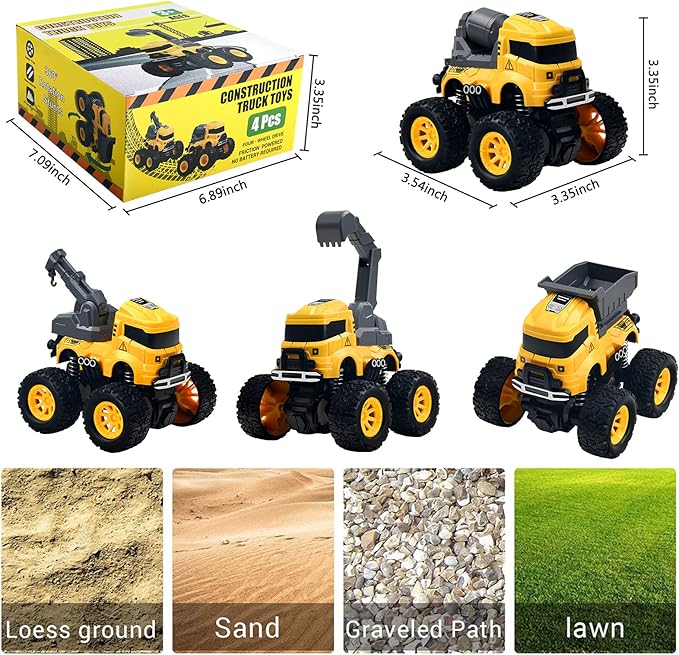 Construction Truck Toys - 4 Pack Excavator, Mixer, Crane, Dump Trucks Push and Go Friction Powered Cars Monster Stunt Vehicles Playset Kids Birthday Party Favors Gifts for 3+ Year Old Boys Girls