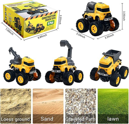 Construction Truck Toys - 4 Pack Excavator, Mixer, Crane, Dump Trucks Push and Go Friction Powered Cars Monster Stunt Vehicles Playset Kids Birthday Party Favors Gifts for 3+ Year Old Boys Girls