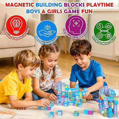 Glow-in-the-Dark Magnetic Building Blocks & & Tiles, 2025 Upgraded STEM Montessori Construction Toys, Ocean World Magnet Cubes, Christmas Birthday Gifts for Kids, Boys Girls Toddlers Ages 3-5 4-8 8-12