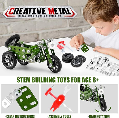Creative Sets Building Toys Motor Tricycle Set-139 Pieces DIY Building Stem Projects Toys for Kids Boys Ages 8-12,Metal Building Toys Set Gifts for Model Military Motorcycle Fans
