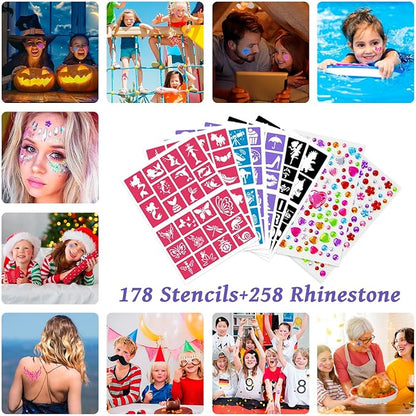 Temporary Glitter Tattoos Kids,50 Glitter Colors and 6 Fluorescent Colors,178 Stencils,2 diamond stickers,3 Glue,5 Brushes,Adults and Kids Arts Glitter Kit,Wonderful Holiday Gifts for Girls & Boys.
