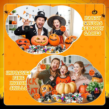 243 Pcs Halloween Sensory Bin Filler Sensory Bin Items Fine Motor Tools Counting Sorting 150 Pom Pom 75 Resin Pumpkin Witch Hat Skeleton Hand Ghost for Halloween Sorting Counting Training