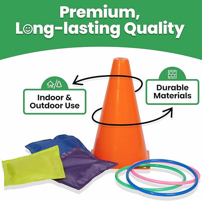 Prextex Multicolored 3-in-1 Yard Game Set - Ring Toss Game, Bean Bags, Cones - Outdoor Toys for Toddlers & Kids, Children's Indoor Play, Family Fun Carnival Games, Kids Party Cornhole Set, Lawn Games