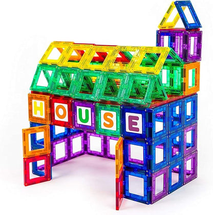 Playmags Magnetic Tile Building Set: Exclusive Educational Clickins 36-Pc. Kit: 18 Super Strong Clear Color Magnet Tiles Windows & 18 Letters & Numbers Stimulate Creativity & Brain Development