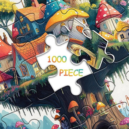 Mushroom Puzzles for Adults 1000 Pieces, Magic Mushroom Treehouse Puzzle Fantasy, Colorful Art Jigsaw Puzzle, Challenging Hard Puzzles for Adults