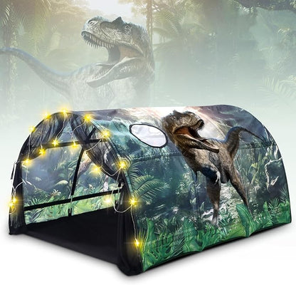 Dinosaur Bed Tent for Kids Large Kids Twin Tent Toddler Play Bed with Carry Bag Foldable with String Lights for Girls Boys Bedroom Indoor Games