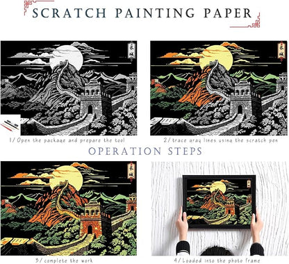 Scratch Art for Adults & Kids-Scratch Painting Craft Kit (16x11 in)|Foil Engraving Art Set|Stress Relief Gift for Travel Lovers,Craft Lovers|Creative Scratch Art Home Decor(Great Wall&Blue Mosque)