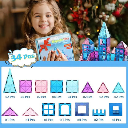 Magnetic Tiles Building Blocks for 3 4 5 6 7 8+ Years Old Boys Girls Colorful Magnet Stacking Toys Birthday Gift for Toddlers STEM Preschool Educational Construction Tiles Set for Kids (Blue)