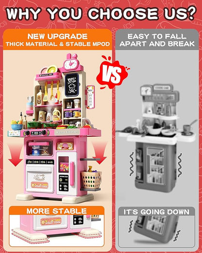 33.8IN Kids Kitchen Playset, 63 PCS Kid Play Kitchen with Realistic Lights & Sounds, Spray Sink Toy Kitchen Accessories, Pretend Food Toys Kitchen for Boys Girls Toddlers(Pink)