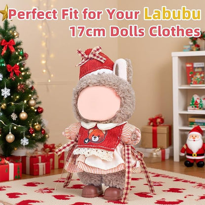 17cm Doll Clothes Set (No Doll), 4 Pieces Outfit Set for 6.7inch Dolls Suit, Fashion Christmas Clothes Accessories Dress-Up,Includes—Christmas Hat + Dress + Bear Vest+ Shoes(Style F)