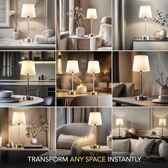 Wireless Table Lamp - Rechargeable LED Desk Lamp with Dimmer, 3 Brightness Levels, Swedish Design for Home, LED Light Bulb Included, for Office, Kitchen or Bedroom (Gold)