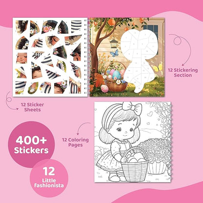 jackinthebox Sticker by Number Book, 12 Scenes Puzzle Paint by Sticker Book + Colouring Pages, Gifts for Birthday, Party Favor Toys for Girls, Arts & Crafts for Kids Age 7 8 9 10 - Little Fashionista