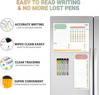 Magnetic Chore Chart Set for Multiple Kids & Adults - 4pcs Dry Erase Boards - Memo Sheet & To-Do List Whiteboard - Family Fridge Organizer - 5 Fine Tip Markers - Reward Good Behavior & Responsibility