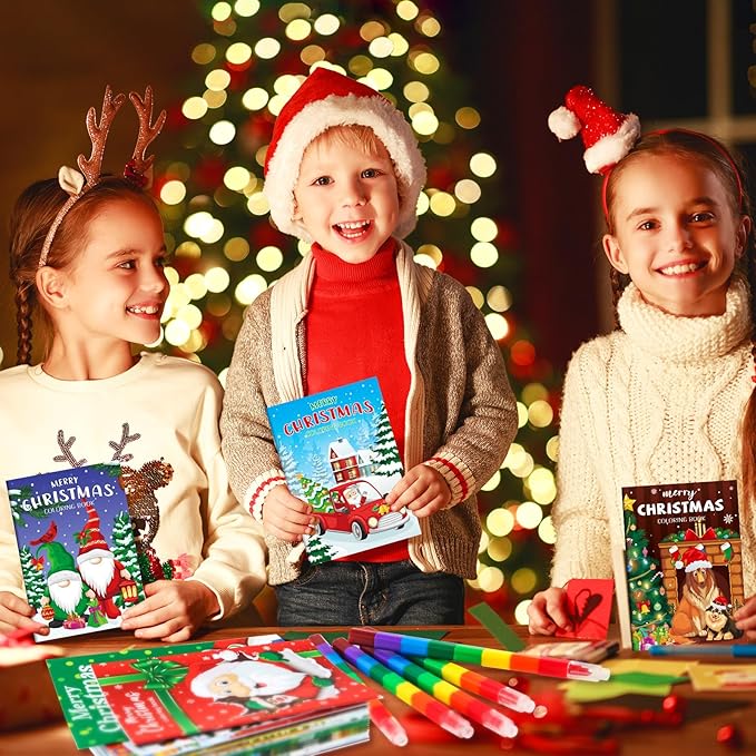BenLouis 12 Christmas Mini Coloring Books Kids with 12 Stacking Crayons Christmas Theme Party Favors Small Activity Books Bulk for Kids Holiday Party Gift Goodie Bag Stuffers