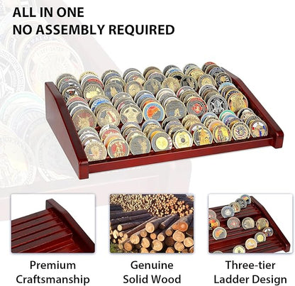 Challenge Coin Holder Display Case - 3 Tiers Solid Wood Military Coin Rack for 80-100 Coins, Army Coin Stand for Desk Display, Mahogany