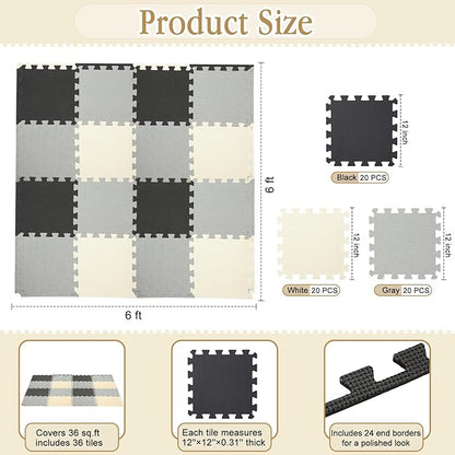 Nuanchu 60 Pcs Kids Foam Puzzle Floor Mat Bulk Solid Color Foam Play Mat with Borders Interlocking Multi Use Floor Rug for Baby Toddler Children Crawling Exercise Playroom 12 inch (Black, White, Gray)