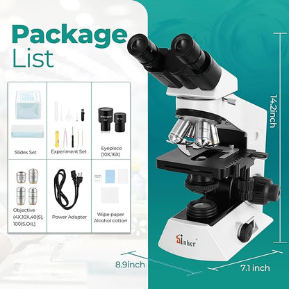Sinher XSZ-2108A Professional lab Compound Binocular microscopes 40X-2000X Magnification for Kids Students Adults School Lab Home Education with Microscope Slides Set.