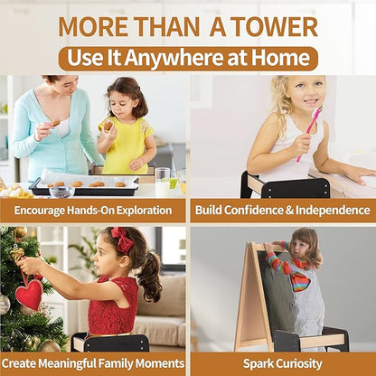 Toddler Kitchen Helper Tower for Ages 1–6 – 3-Level Adjustable Learning Tower, Toddler Standing Tower & Kitchen Stool Helper with Safety Rail, CPC Certified, Black