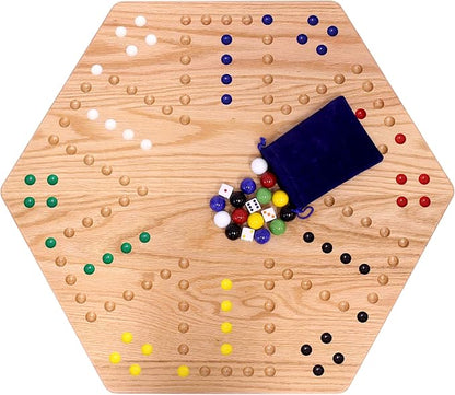 AmishToyBox.com Wahoo Wooden Marble Game Board Set - Large 24" Wide - Solid Oak Wood - Double-Sided - with Large 22mm Marbles and Dice Included