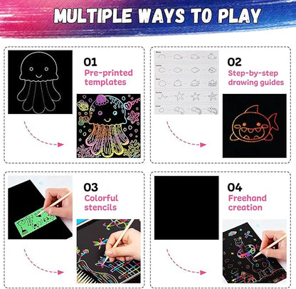 Scratch Art for Kids, Funtopia 100 Sheets Rainbow Scratch Paper, Black Scratch Off Paper Craft Kits, School Art Supplies Classroom Prizes Travel Toys Birthday Party Gifts, for Boys Girls ages 4-8 8-12
