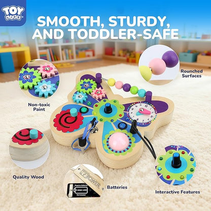 TOY Life Montessori Busy Board, Wooden Butterfly Sensory Board Toys for Toddlers with LED Light Up Switchs, Baby Fidget Boards Travel Toys, Christmas Birthday Gifts for 1+ Year Old Girls Boys