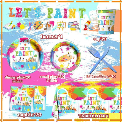 Paint Party Supplies, 142 Pcs Art Paint Party Tableware Set Include Paint Party Plates and Napkins,Art Tablecloths,Paint Banner,Cups,Art Birthday Party Decorations for Kid, Teens and Adults,Serves 20