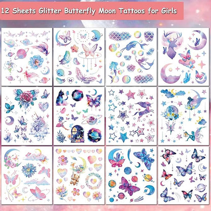 Glitter Tattoos for Girls Women, 12 Sheets Glitter Butterfly Moon Flowers Mermaid Temporary Tattoos for Girls Birthday Party Supplies Gifts Decoration
