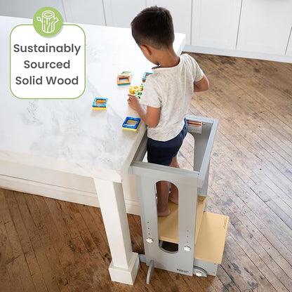 Little Partners Foldable Toddler Tower, Learning Tower Explore 'N Store Montessori Standing Kitchen Tower with Folding Step Stool Platform for Cooking and Learning, Ages 2+ (Silver Drop W/Natural)