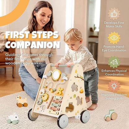 Wooden Baby Push Walker, Baby Walker with Activity Center for Girls Boys, Montessori Sensory Push Toys for Babies Learning to Walk & Sit-to-Stand