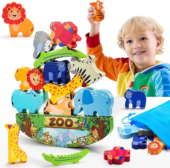 Wooden Animal Blocks Stacking Toy Kids Christmas Birthday Gifts for Boy Girl Age 3-7 Animals Montessori Toddler Toys 3 4 5 6 7 8 Year Old Boys Girls Educational Toys Fine Motor Balance Game
