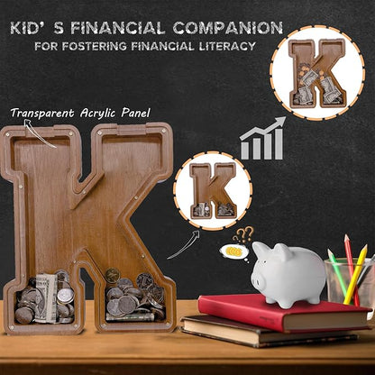 Wooden Letter Piggy Bank for Kids Larger Letter Piggy Bank for Boys and Girls Personalized Piggy Bank Initial Coin Bank Wood Kids Money Bank for Birthday and Festival