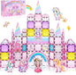 Diamond Magnetic Tiles Unicorns Princess Castle with Magnetic Art Decor Kit, Unicorn Toys for Girl 3 4-6-8, Magnet Tiles for kids 4-8 5 6 7+ Girl Gifts,Magnet Toys Include 5 Dolls,Rainbow,Candy,Decors