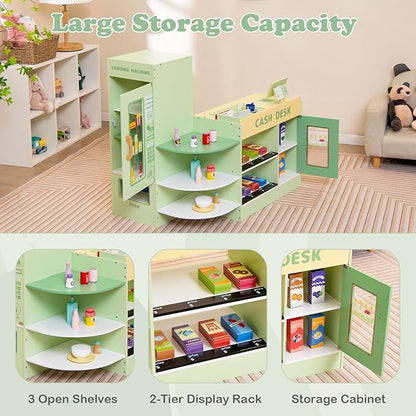 HONEY JOY Kids Grocery Store Playset, Wooden Supermarket Playset w/Cash Register & Vending Machine Toy, Blackboard, Checkout Counter Stand, Grocery Store Pretend Play for Toddler Boys Girls (Green)
