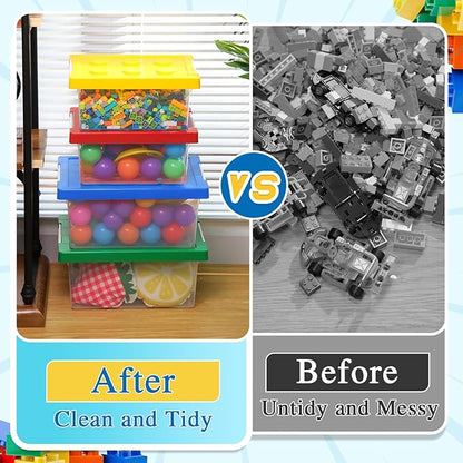Vicenpal 4 Pack Toy Storage Containers with Lids Brick Shaped Kids Toy Organizer Box Plastic Clear Stackable Bin Chest for Building Block Dolls(Large, X-Large,Red, Yellow, Blue, Green)