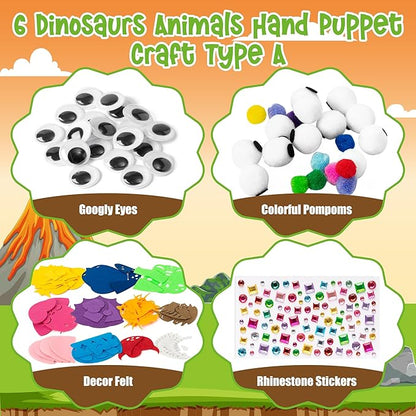 WATINC 6Pcs Hand Puppet Making Kit, Art Craft Felt Sock Puppet Toys, Creative DIY Make Your Own Pompoms Wiggle Googly Eyes Storytelling Role Play Party Supplies Gift for Girls Boys (Dinosaurs A)