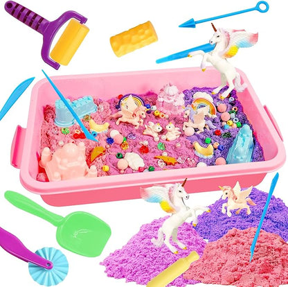 Bbiamsleep Unicorn Sensory Bin, 493 Pcs Unicorn Sand Kit with Sandbox Color Sensory Sand 6 Castle Mould 9 Tools for Birthday Party