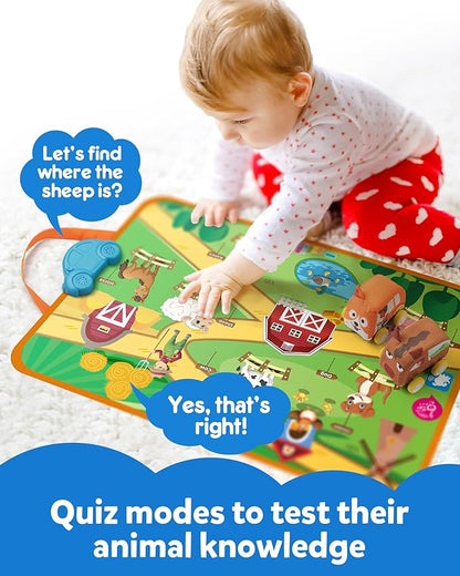 Coogam Musical Cars Play Mat for 1 2 3 Year Old Toddlers Easter Basket Stuffers, Soft Pull-Back Vehicle Set with Farm Animals Playmat Rug, Baby Fine Motor Montessori Toys Game