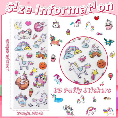 36 Sheets Unicorn Stickers for Kids - 900+ 3D Puffy Stickers Fantasy Theme | Magical, Rainbow, Stars | Reusable, Waterproof | Crafts, Journals, Party Favors