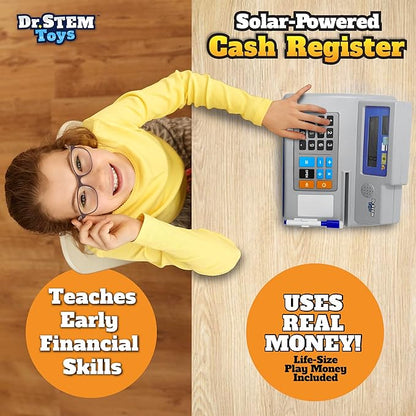 Dr. STEM Toys Solar Powered Calculator Pretend Cash Register with Play Money – 67-Piece Set for Learning Math Skills, STEM Cash Register for Kids (Gray)