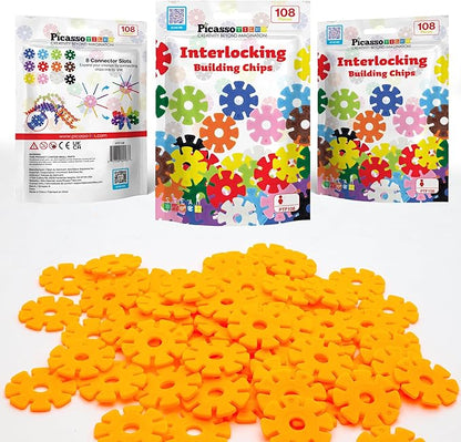 PicassoTiles Building Chip Interlocking Disc Construction Blocks in Orange Color STEM Learning Early Education Toy Engineering Playset Child Brain Development for Toddlers Girls Boys Kid Age 3+ PTF108