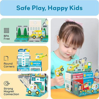 PicassoTiles Magnet Tile Building Blocks Metro City Themed Playset with 8 Character Action Figures Magnetic Tiles STEM Learning Early Education Toy Construction Set Toddlers Boys Girls Ages 3+ PTQ24