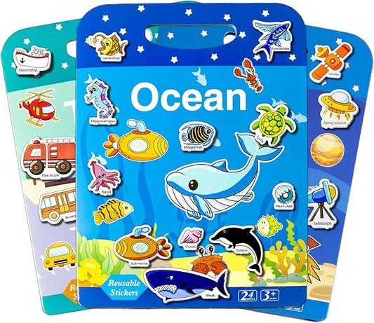 3 Pack Reusable Sticker Books for Kids, Waterproof Puffy Stickers - Match The Shape and DIY Scene, Toddler Travel Essential Quiet Time Activities Toys - Ocean, Vehicles and Space (2-6 Age)