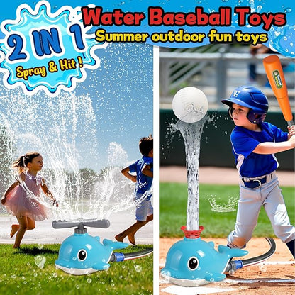 2 in 1 Water Sprinkler Baseball Toy Set for Kids – Whale Shaped Outdoor T-Ball Game & Spinning Splash Toy, Summer Backyard Water Play for Toddlers and Children Ages 3+
