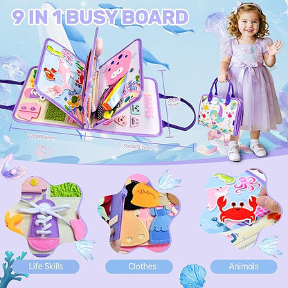 Toddler Busy Board Montessori Toys for Girls Birthday Gift, Sensory Busy Book Educational Learning Activity Board for Toddler Girls, Travel Activities Toys for Airplane Car