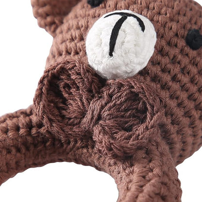 Wooden Baby Rattle Crochet Bear Baby Toys Handmade Newborn Toy Early Development Grips Stuffed Animal Organic Rattle