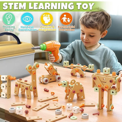 YongnKids 158 Pcs Kids Tool Set with Drill, Construction STEM Building Blocks with Storage Box Educational Tool Kit Pretend Play Kid Toy for Kids Age 3 4 5 6 7 8 Years Birthday Gift