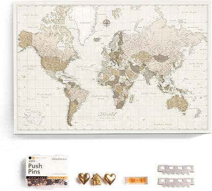 Canvas World Map with Cork Pin Board - English Lettering - Decorative Wall Decoration for All Rooms - Canvas Pictures with World Map Motif (90x60 cm, Pattern 8)