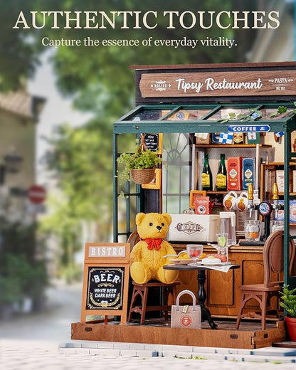 ROBOTIME DIY Tiny House Kit, Miniature House Kit for Adults to Build, Mini House Kit with Furniture, Halloween/Christmas/Birthday Gifts for Men/Women（Tipsy Restaurant）
