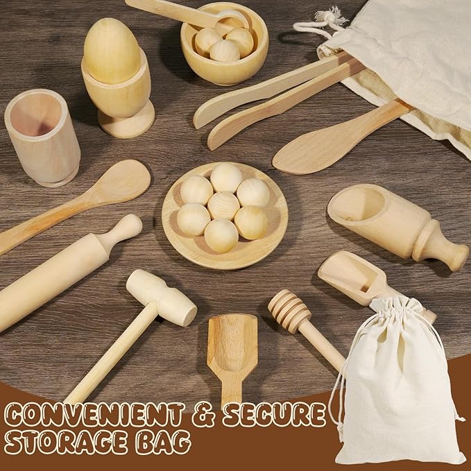 Hiawbon 25PCS Wooden Sensory Bin Tools, Wooden Tool Set, Sensory Bin Filler with Storage Bag, Bin Scoops Roller Tweezers Tongs Cups for Counting Sorting Hammering Pounding